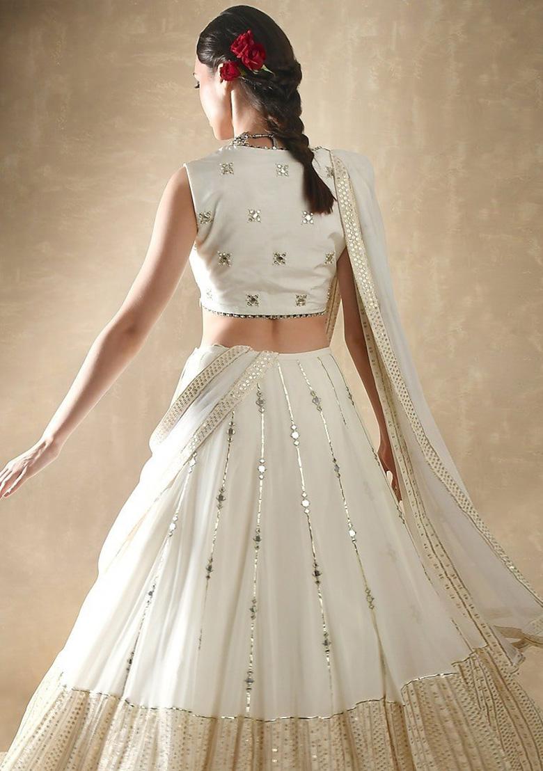 Off White Sequin Work Georgette Lehenga Set - Indya