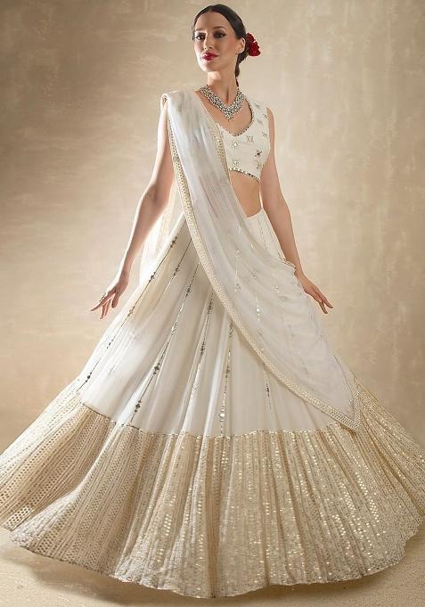 Off White Sequin Work Georgette Lehenga Set