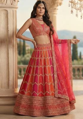 Orange Pink Sequin Work Georgette Lehenga Set