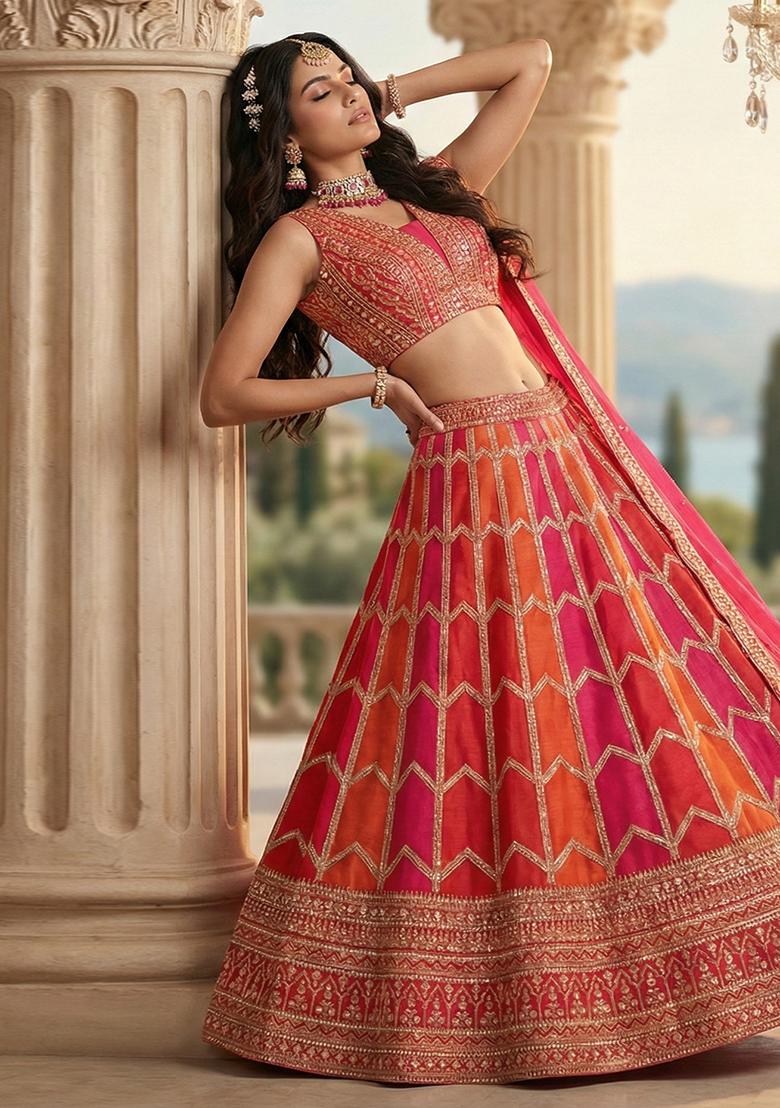 Orange Pink Sequin Work Georgette Lehenga Set - Indya