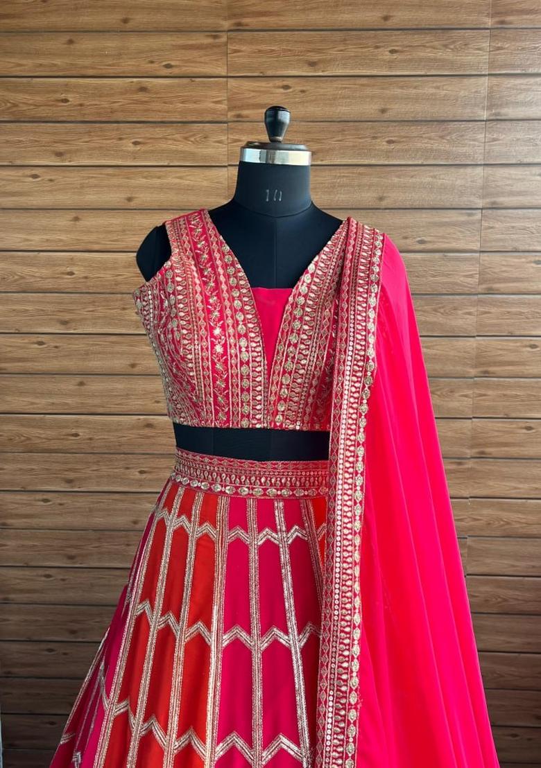Orange Pink Sequin Work Georgette Lehenga Set - Indya