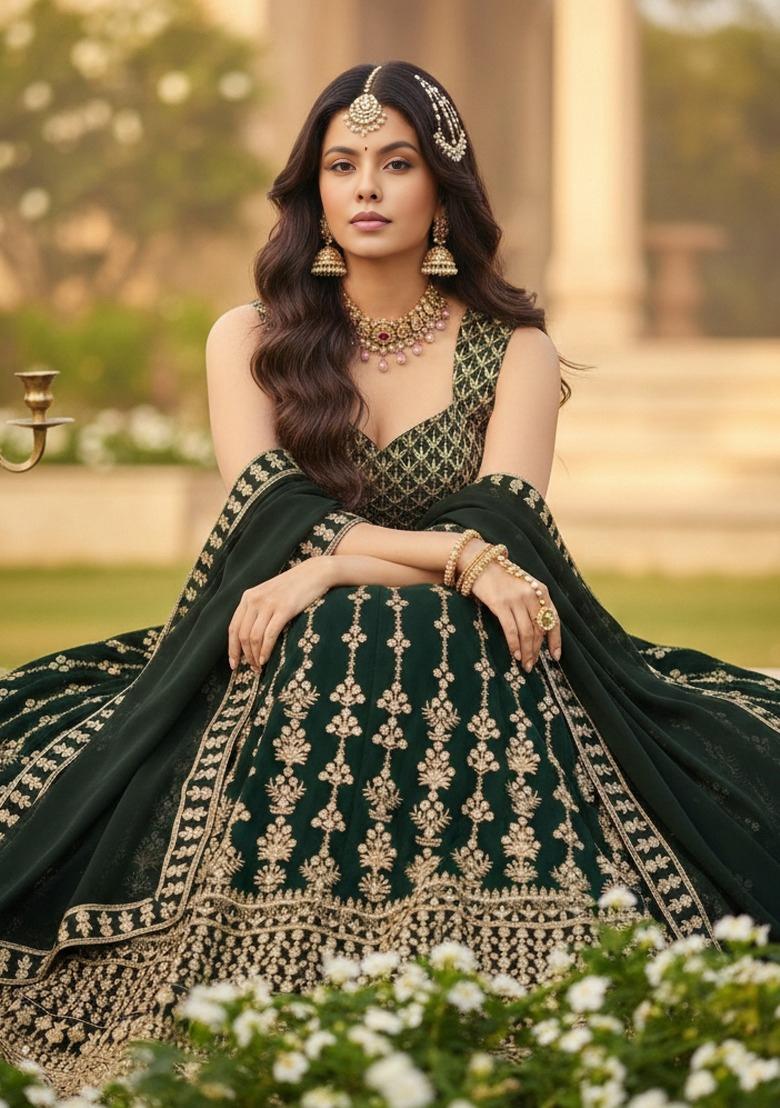 Bottel Green Sequin Work Georgette Lehenga Set - Indya