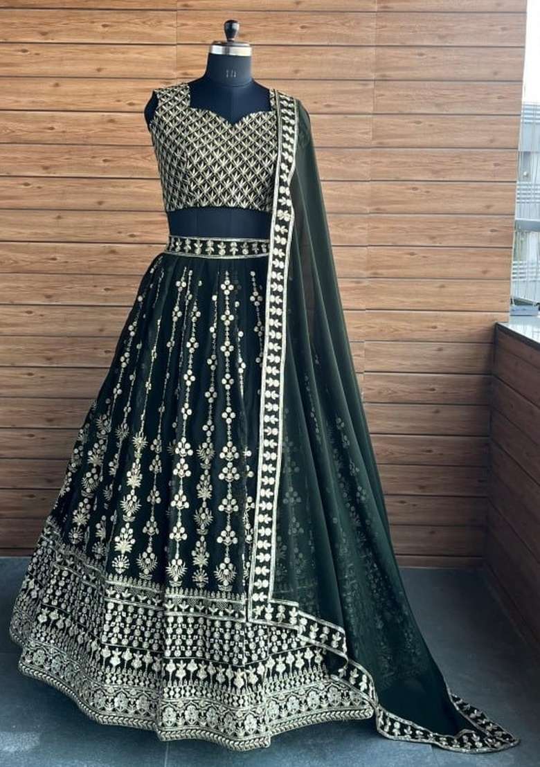 Bottel Green Work Georgette Lehenga Set with Sequin for Diwali | Wedding & Festive Wear - Indya