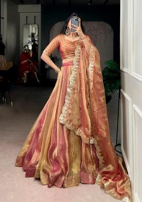 Pink Plain Silk Blend Lehenga Set