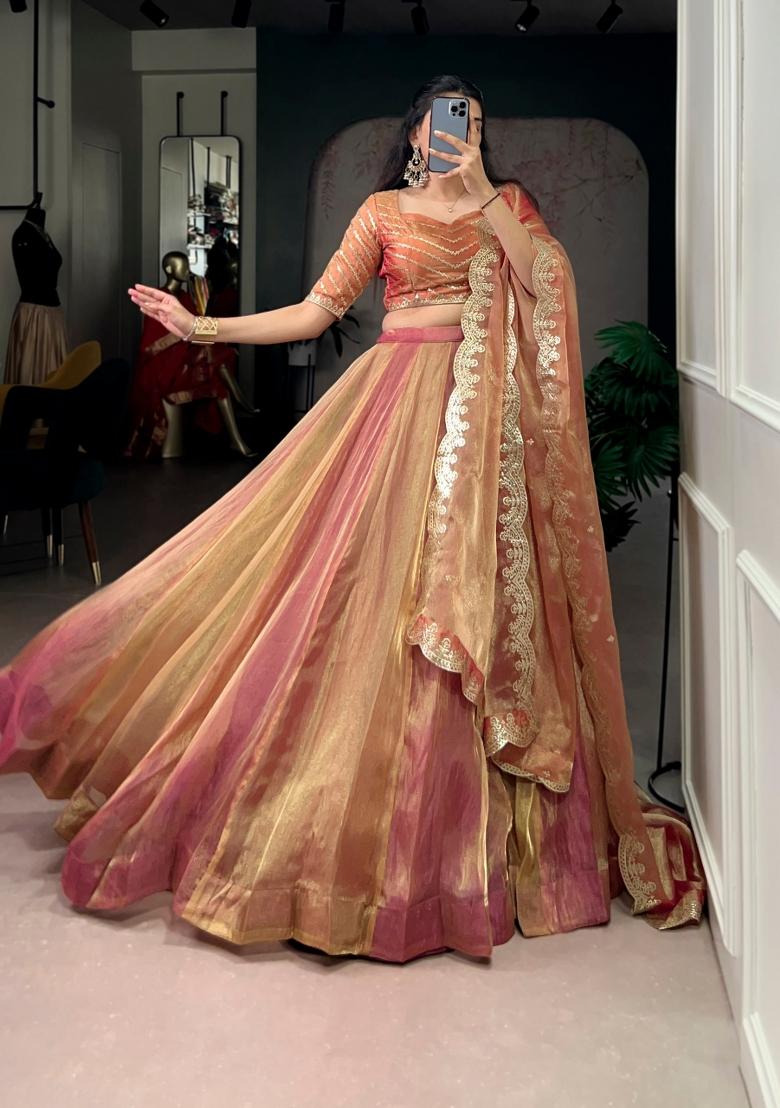 Pink Plain Silk Blend Lehenga Set - Indya