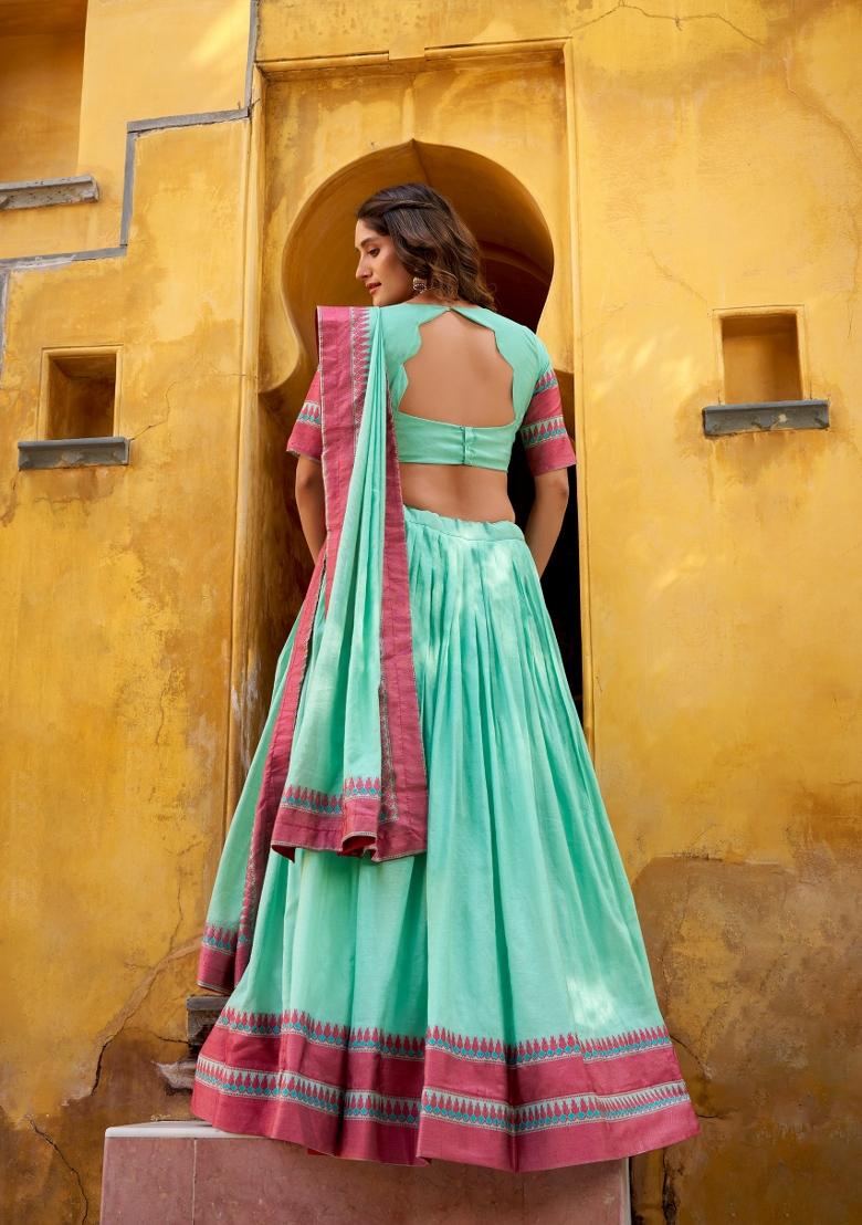 Blue Thread Work Chanderi&nbsp; Lehenga Set - Indya