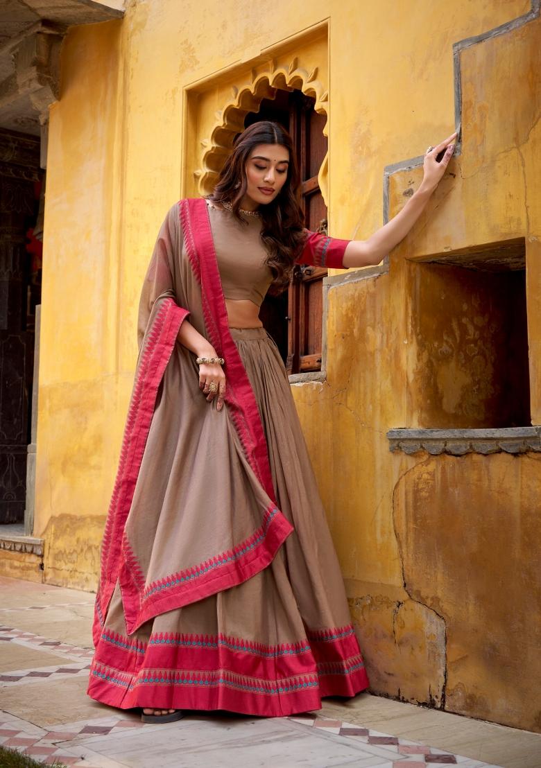 Chiku Thread Work Chanderi&nbsp; Lehenga Set - Indya