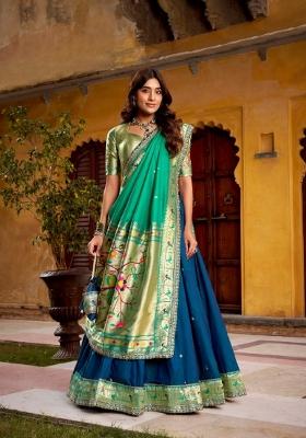 Blue Lace Work Silk Blend Lehenga Set