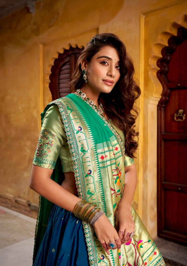 Blue Lace Work Silk Blend Lehenga Set - Indya