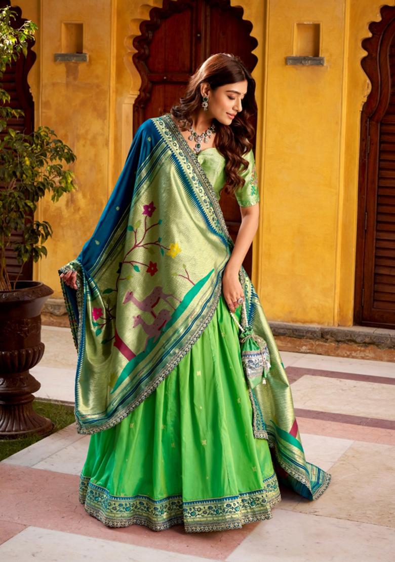 Parrot Lace Work Silk Blend Lehenga Set - Indya