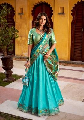 Blue Lace Work Silk Blend Lehenga Set
