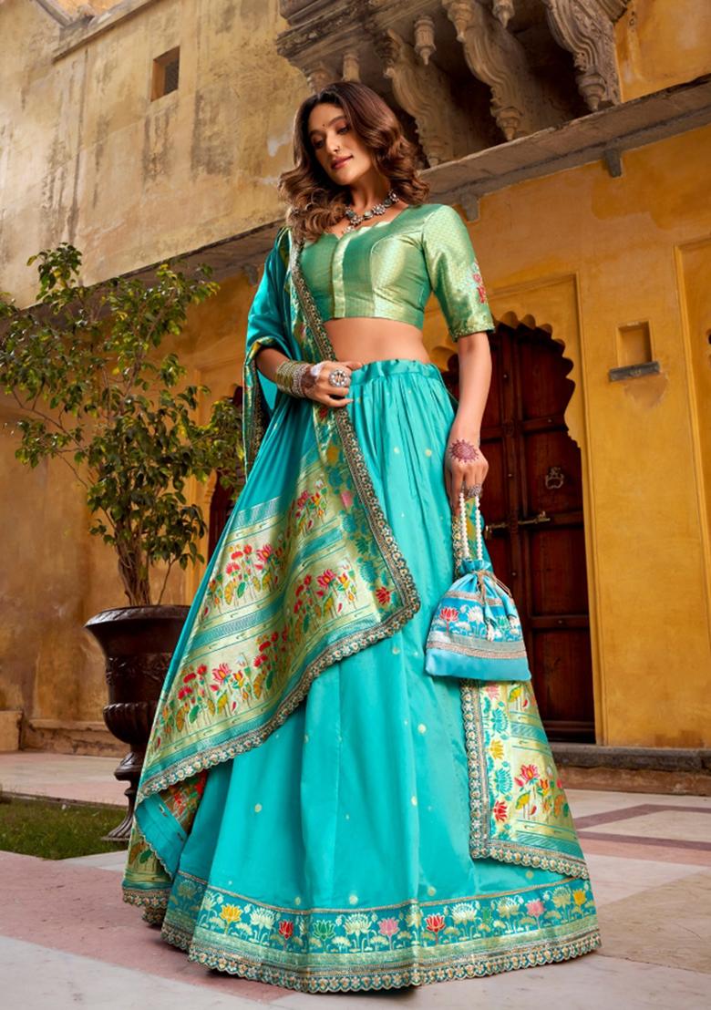 Blue Lace Work Silk Blend Lehenga Set - Indya