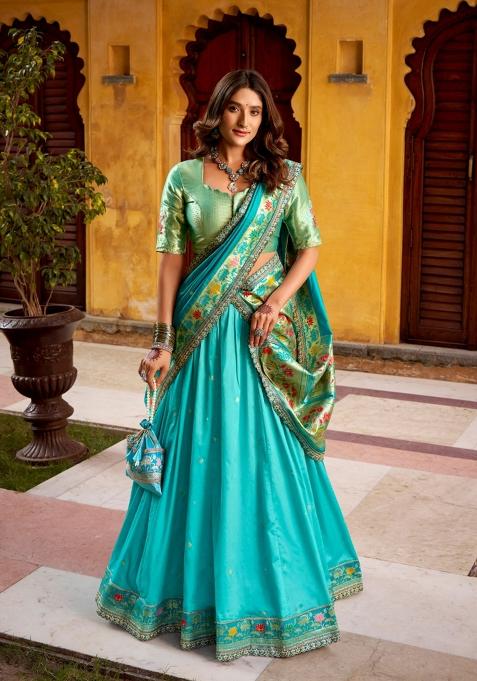 Blue Lace Work Silk Blend Lehenga Set