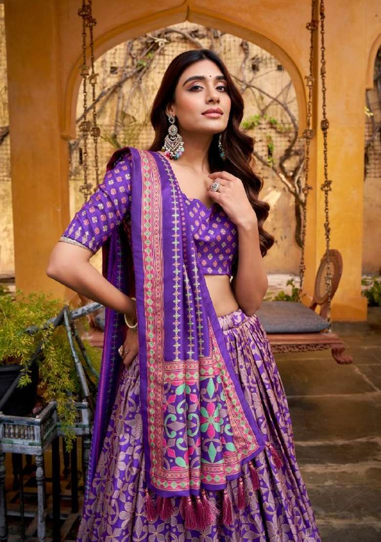Purple Lace Work Silk Blend Lehenga Set for Diwali and Festive Wear - Indya