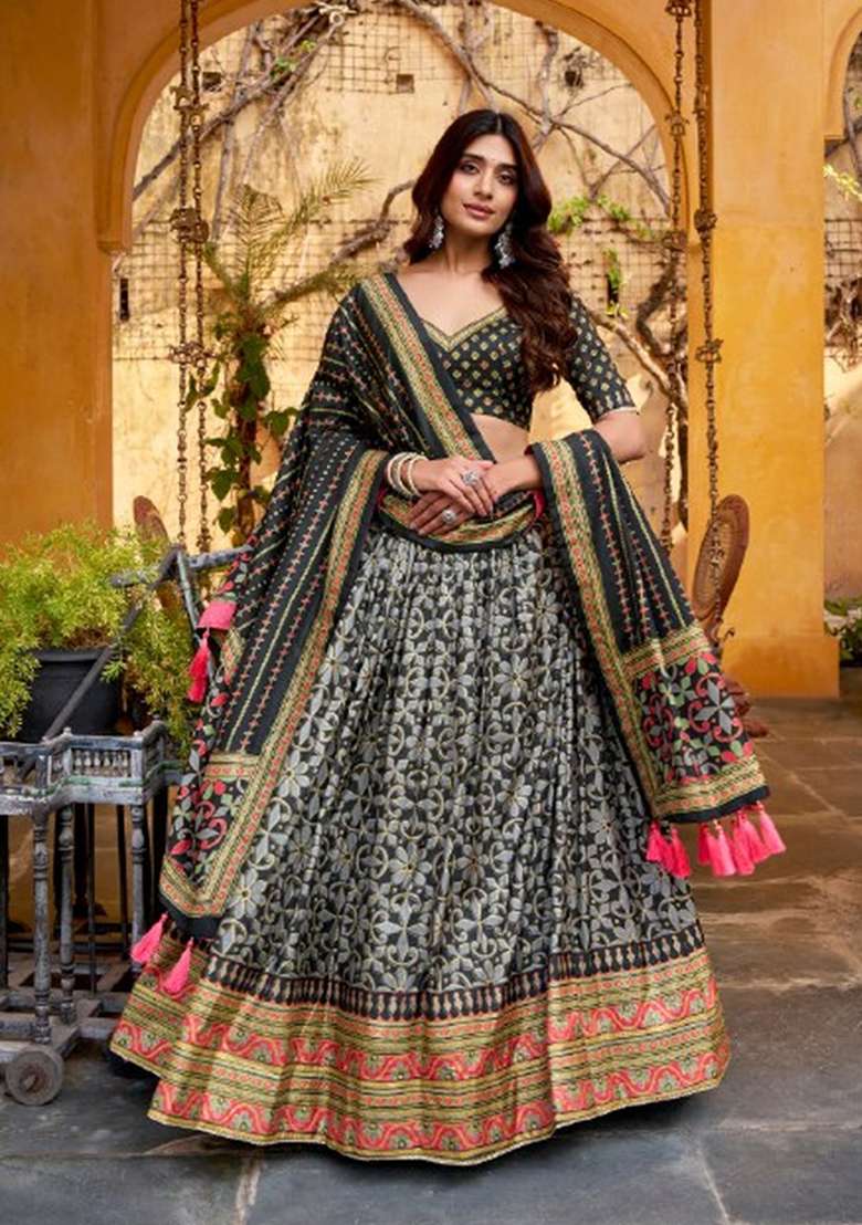 Black Lace Work Silk Blend Lehenga Set for Diwali | Wedding & Festive Wear - Indya