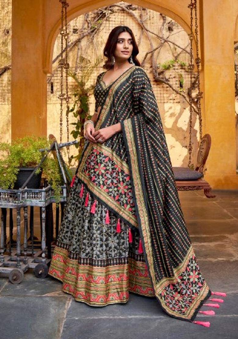 Black Lace Work Silk Blend Lehenga Set - Indya