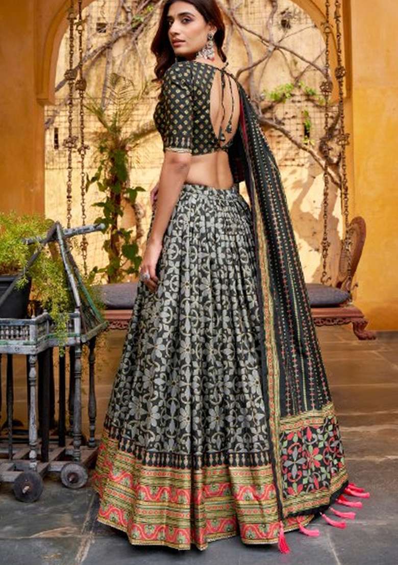 Black Lace Work Silk Blend Lehenga Set for Diwali | Wedding & Festive Wear - Indya
