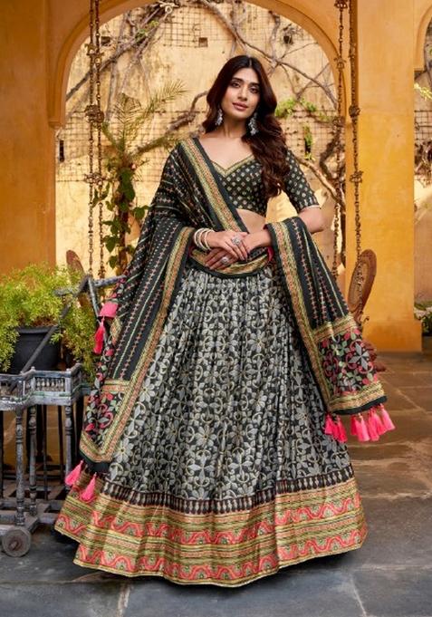 Black Lace Work Silk Blend Lehenga Set