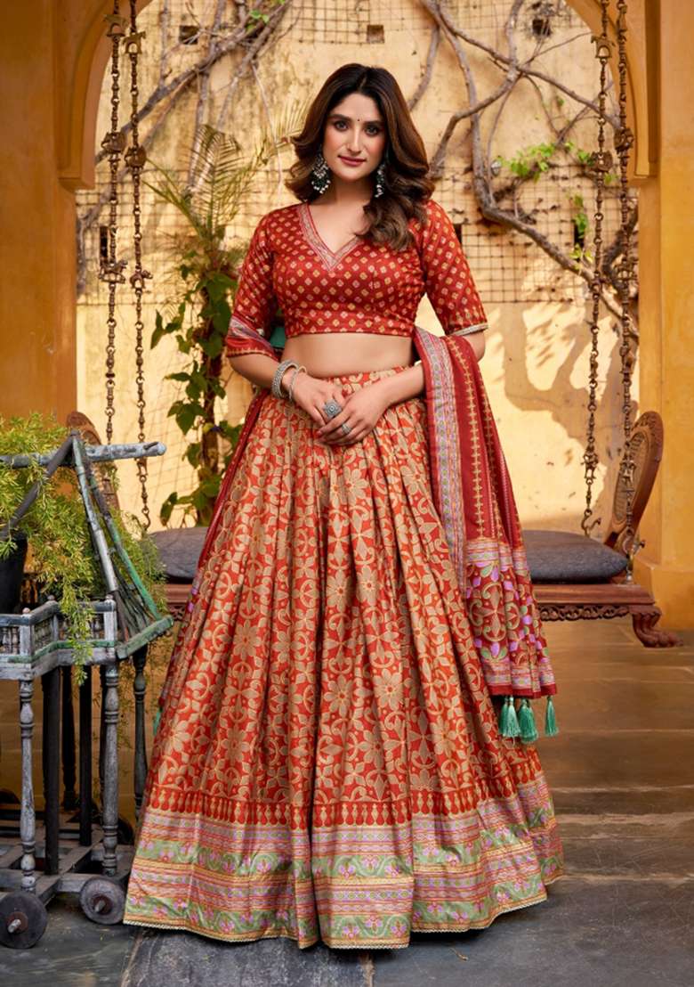 Orange Lace Work Silk Blend Lehenga Set for Diwali and Festive Wear - Indya