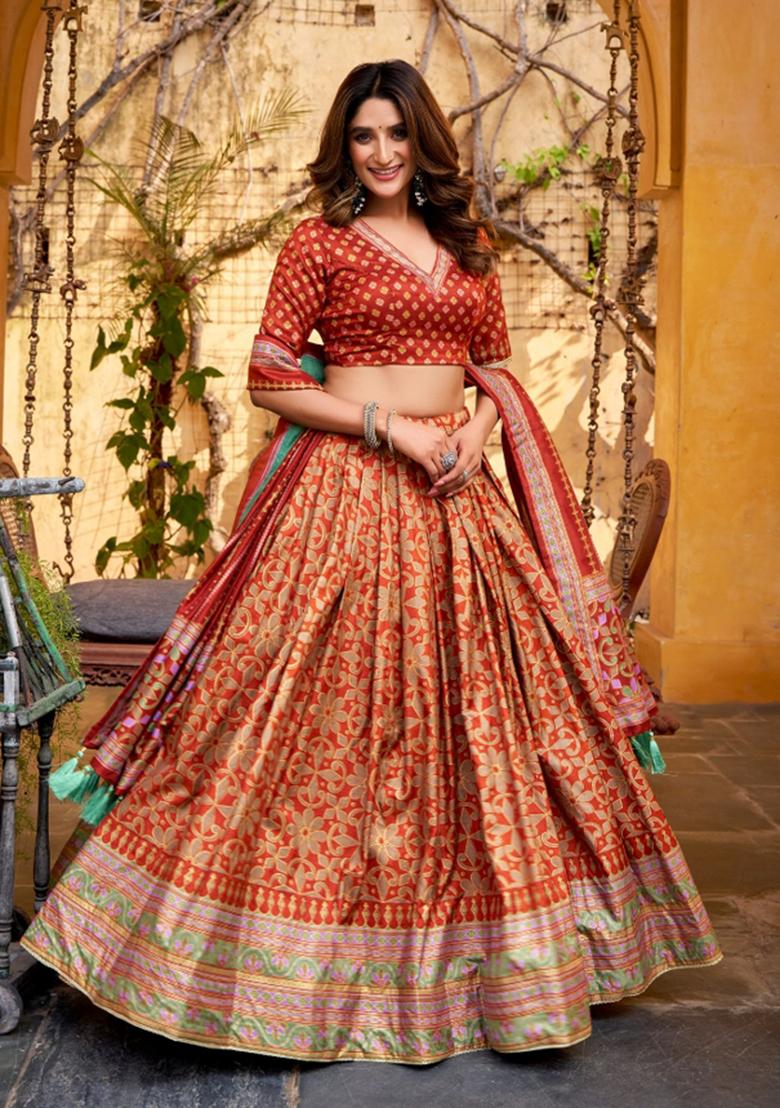 Orange Lace Work Silk Blend Lehenga Set - Indya