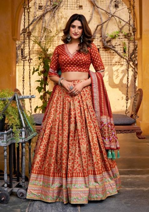 Orange Lace Work Silk Blend Lehenga Set