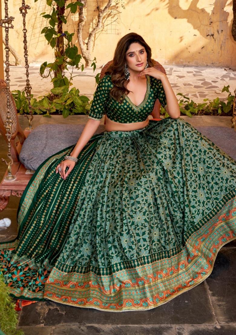 Green Lace Work Silk Blend Lehenga Set - Indya