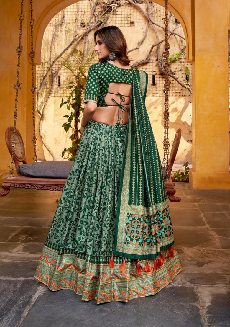 Green Lace Work Silk Blend Lehenga Set - Indya