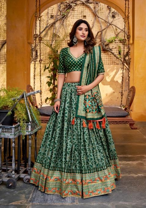 Green Lace Work Silk Blend Lehenga Set