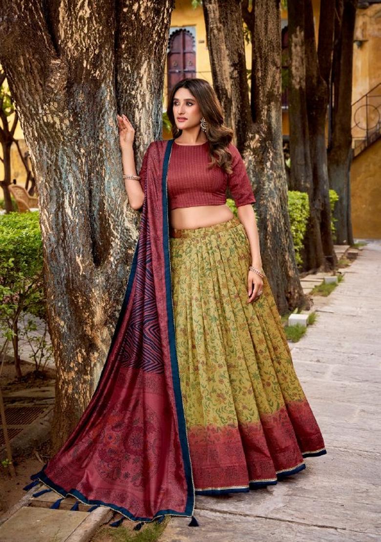 Beige Printed Silk Blend Lehenga Set - Indya