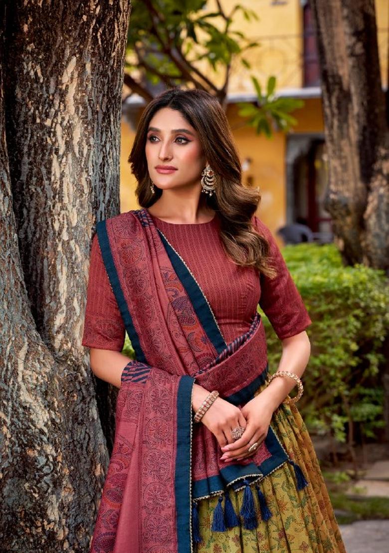 Beige Printed Silk Blend Lehenga Set - Indya