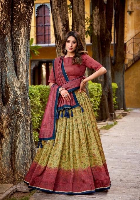 Beige Printed Silk Blend Lehenga Set