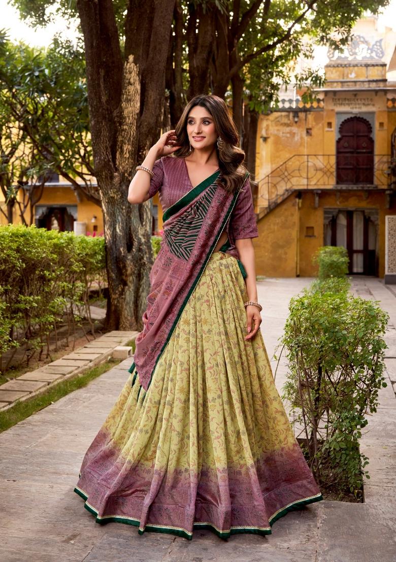 Mauve Printed Silk Blend Lehenga Set - Indya