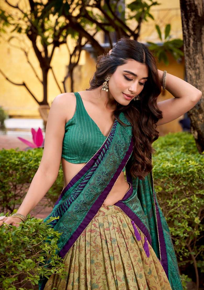 Firozi Silk Blend Lehenga Set with Printed for Diwali | Wedding & Festive Wear - Indya