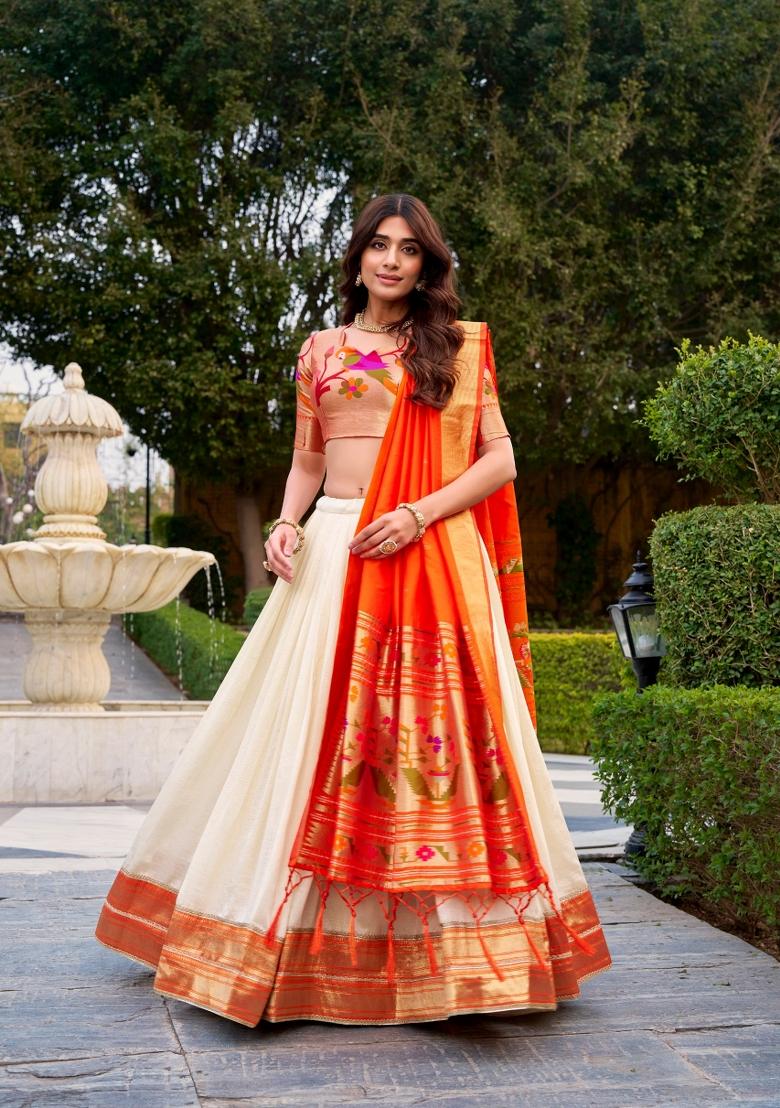 White Lace Work Silk Blend Lehenga Set - Indya