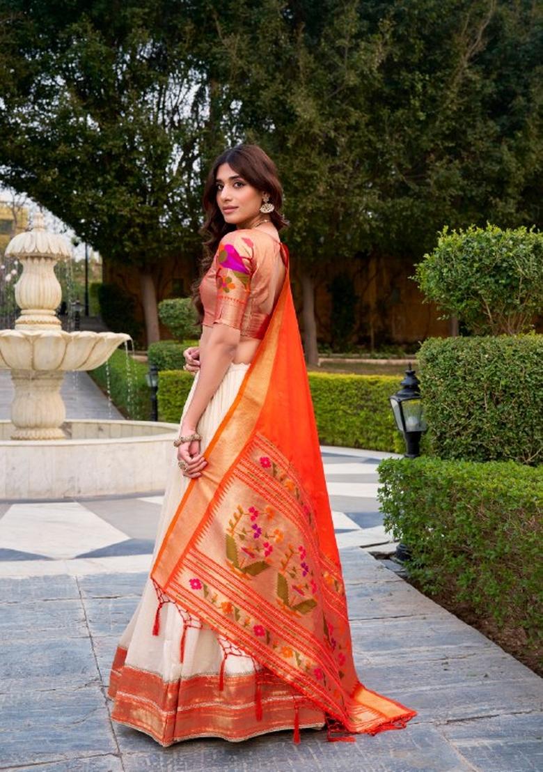White Lace Work Silk Blend Lehenga Set - Indya