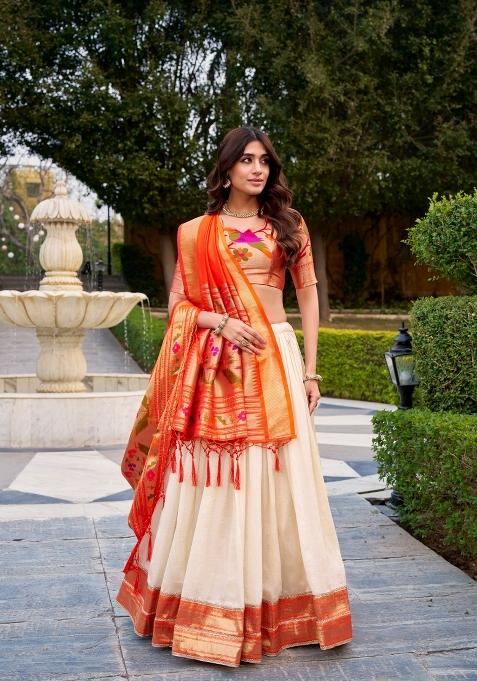 White Lace Work Silk Blend Lehenga Set