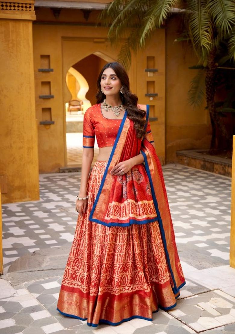 Orange Zari Work Silk Blend Lehenga Set - Indya