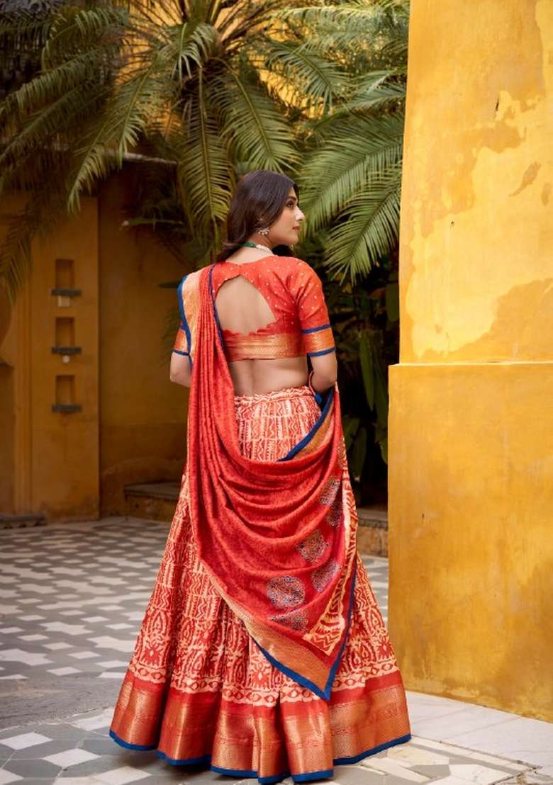 Orange Zari Work Silk Blend Lehenga Set for Diwali and Festive Wear - Indya