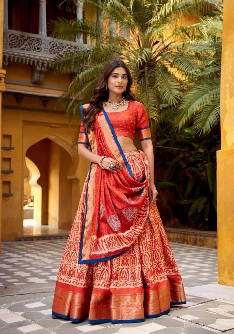 Orange Zari Work Silk Blend Lehenga Set