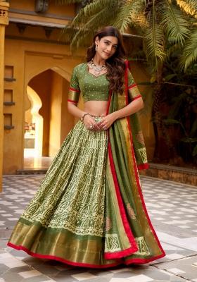 Mehendi Zari Work Silk Blend Lehenga Set