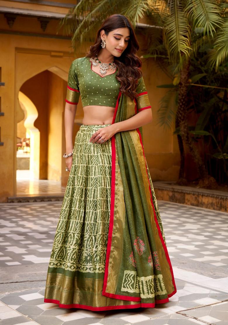 Mehendi Zari Work Silk Blend Lehenga Set - Indya