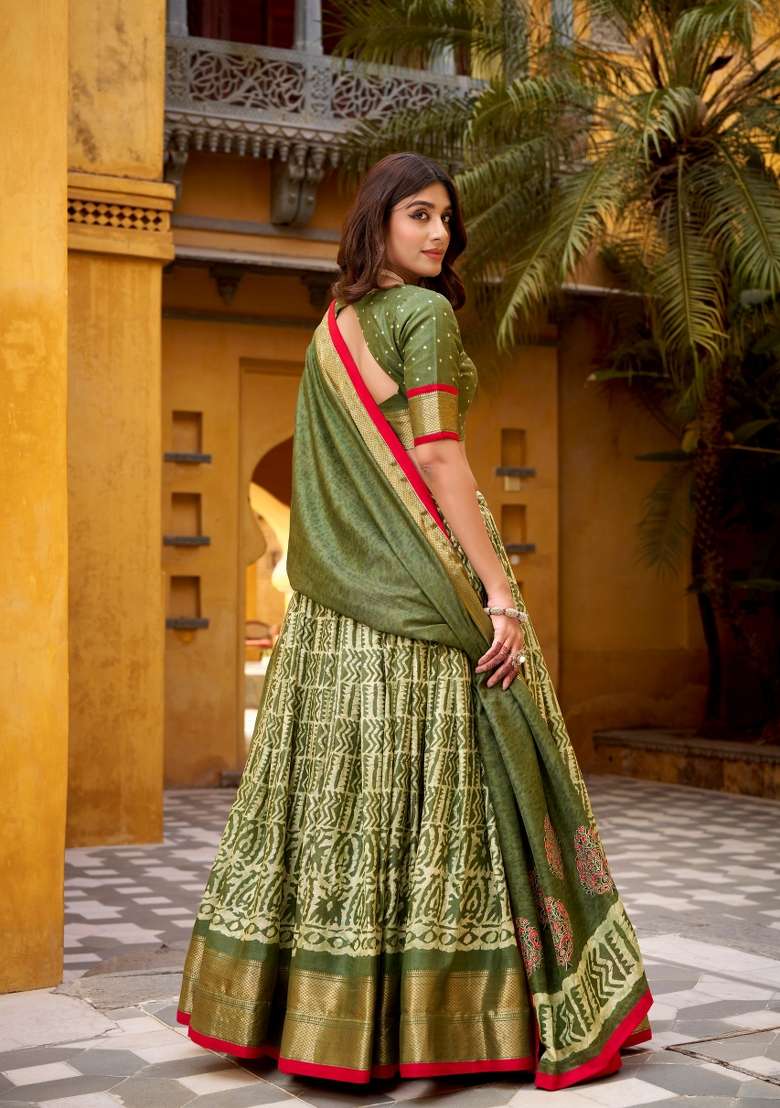 Mehendi Zari Work Silk Blend Lehenga Set for Diwali and Festive Wear - Indya