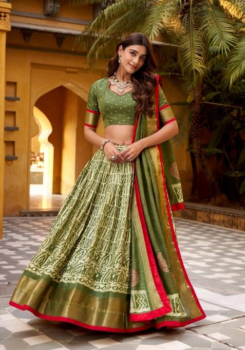 Mehendi Zari Work Silk Blend Lehenga Set