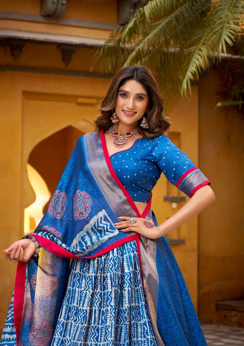 Blue Zari Work Silk Blend Lehenga Set for Diwali and Festive Wear - Indya