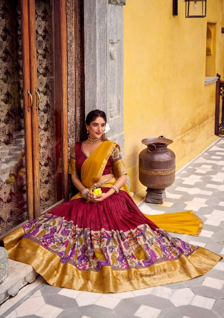 Red Zari Work Chanderi&nbsp; Lehenga Set - Indya