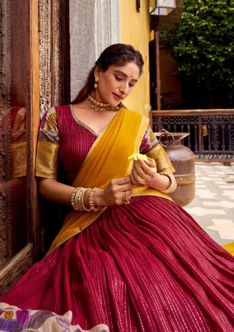 Red Chanderi Lehenga Set with Zari Work for Diwali | Wedding & Festive Wear - Indya