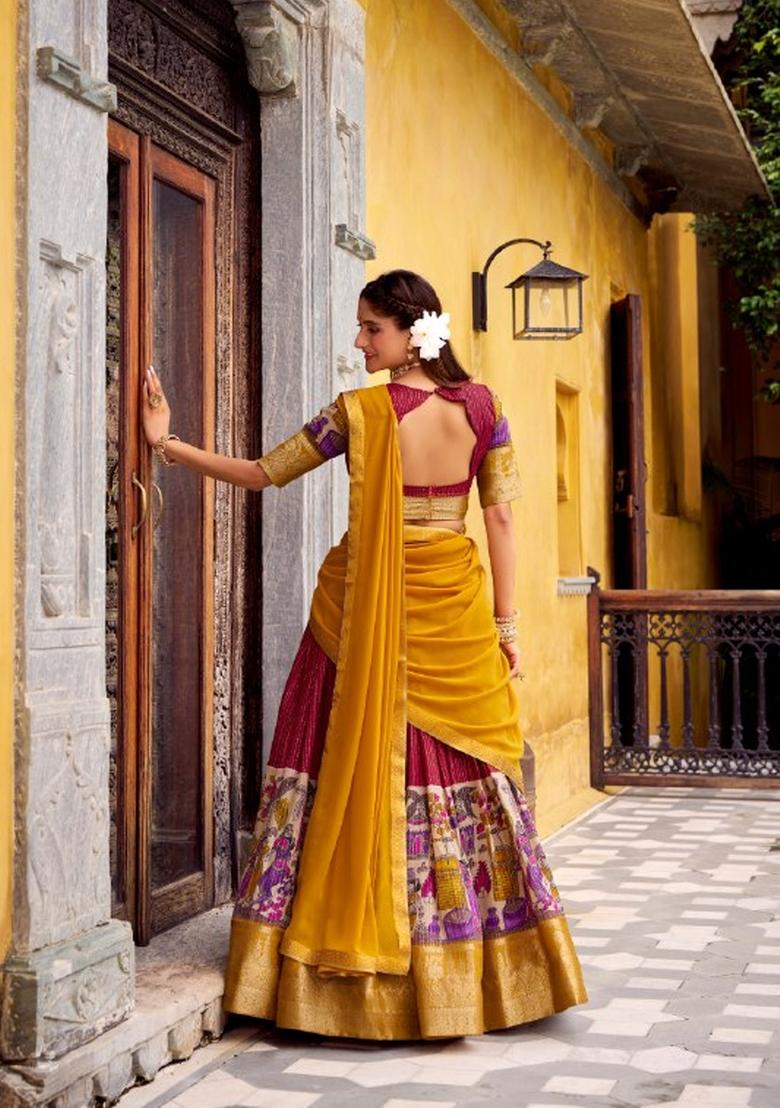 Red Zari Work Chanderi&nbsp; Lehenga Set - Indya