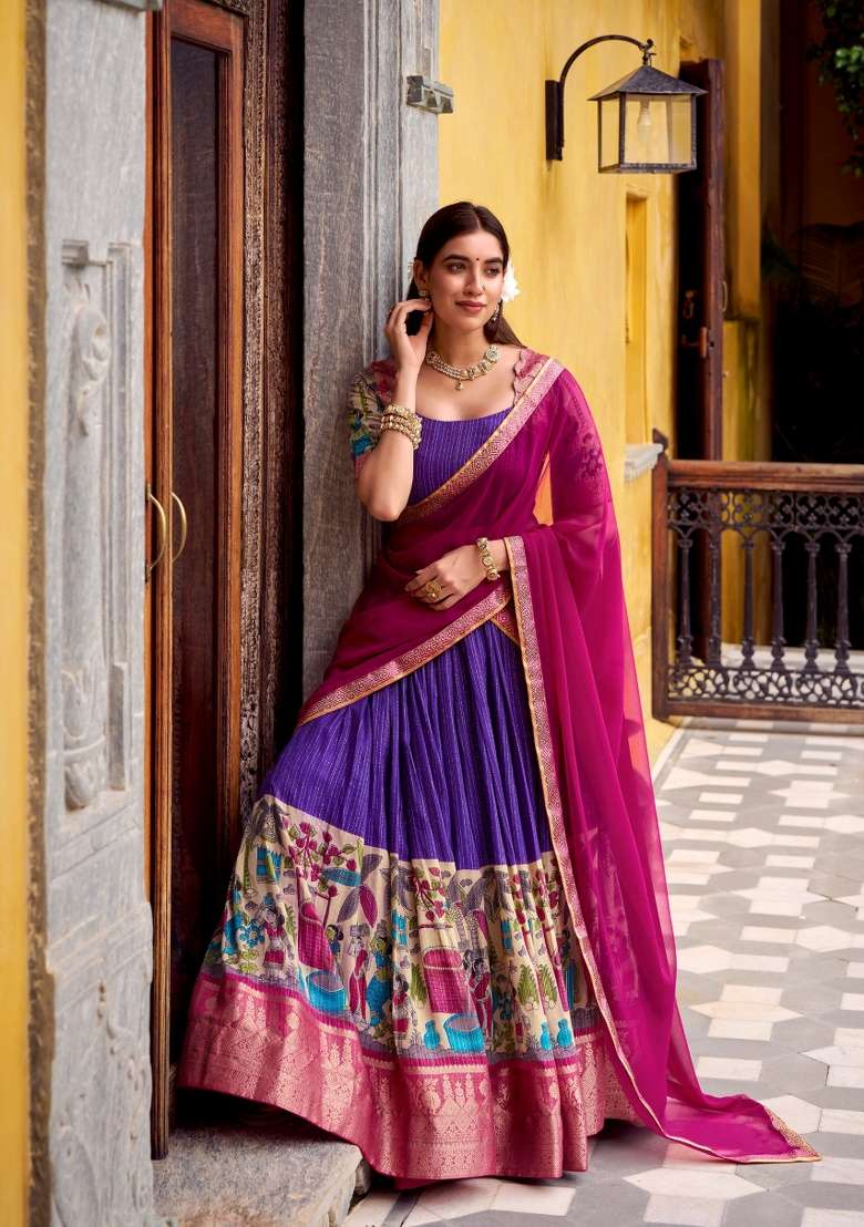 Purple Chanderi Lehenga Set with Zari Work for Diwali | Wedding & Festive Wear - Indya