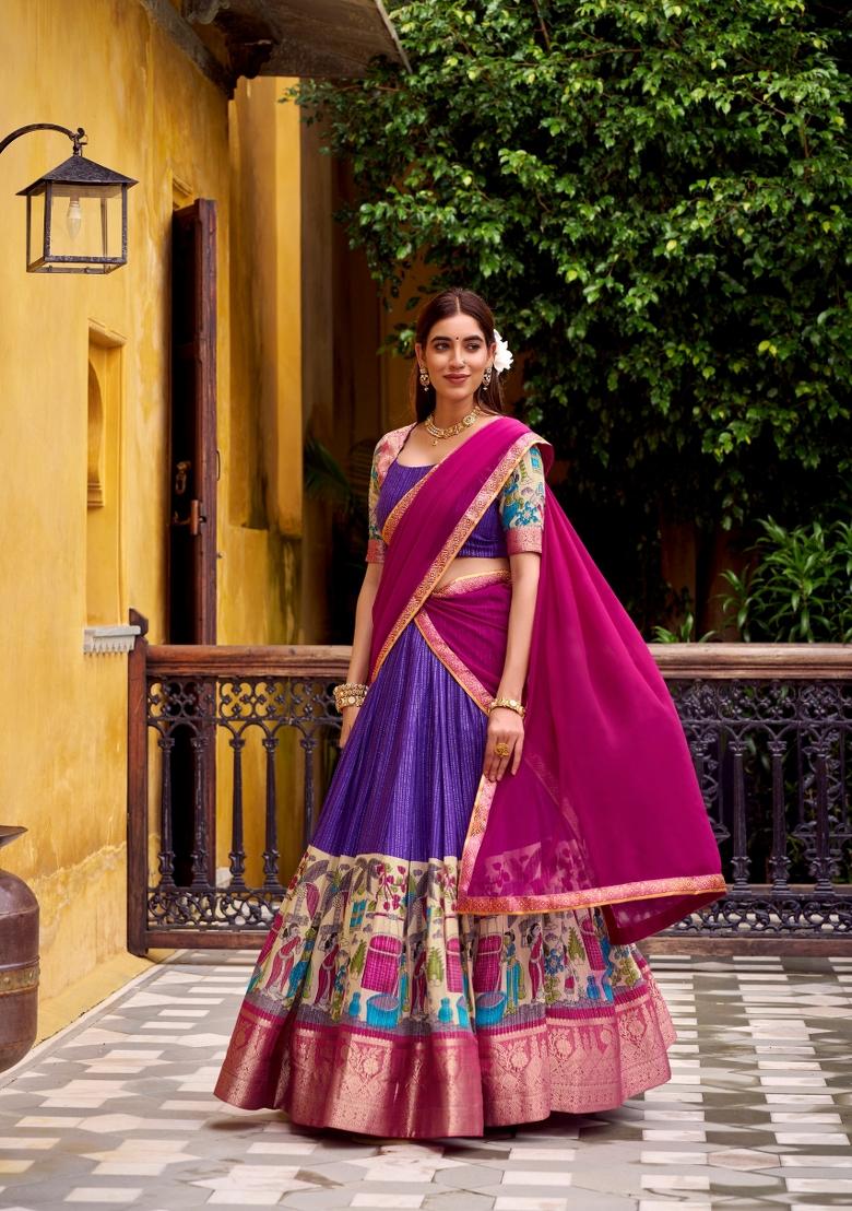 Purple Zari Work Chanderi&nbsp; Lehenga Set - Indya