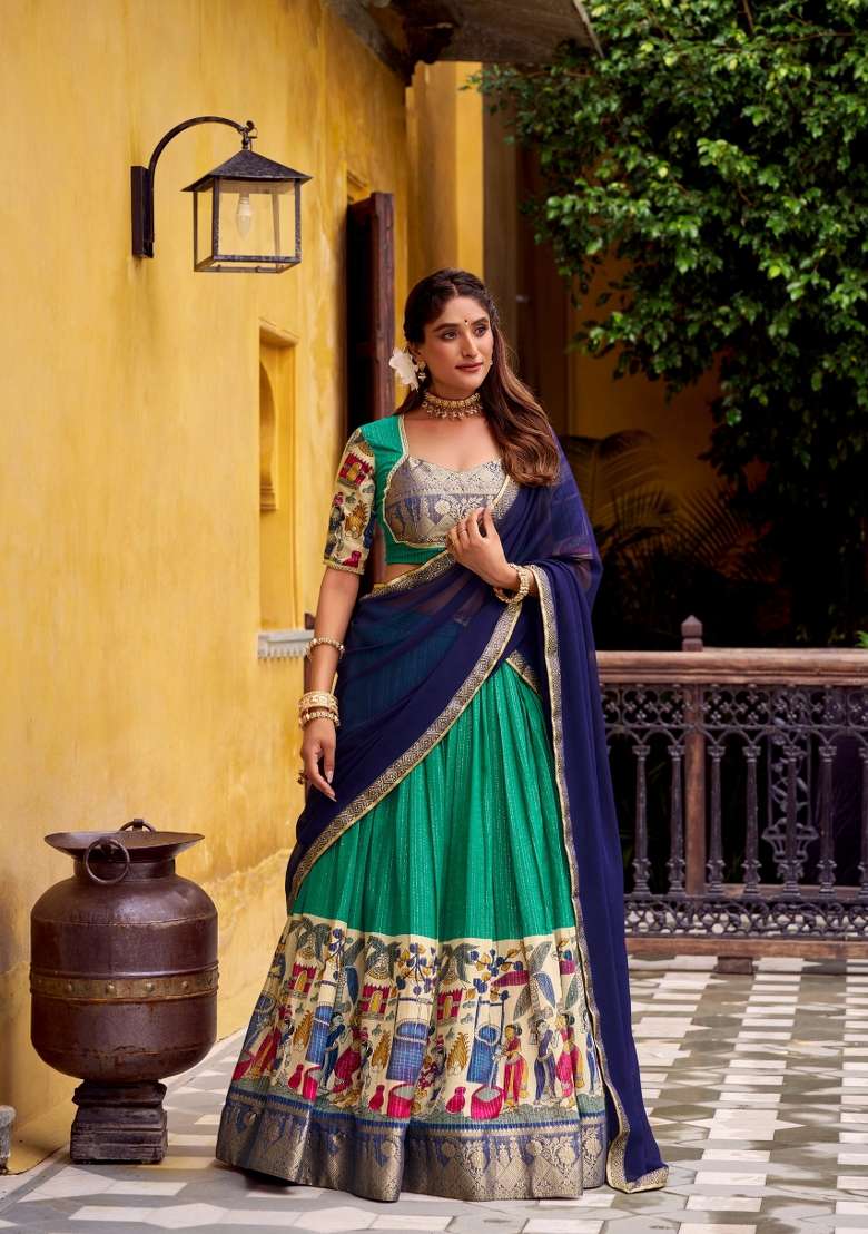 Green Chanderi Lehenga Set with Zari Work for Diwali | Wedding & Festive Wear - Indya